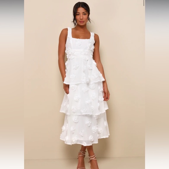 Lulus Exceptional Entrance White Sleeveless Tiered Rosette Midi Dress large